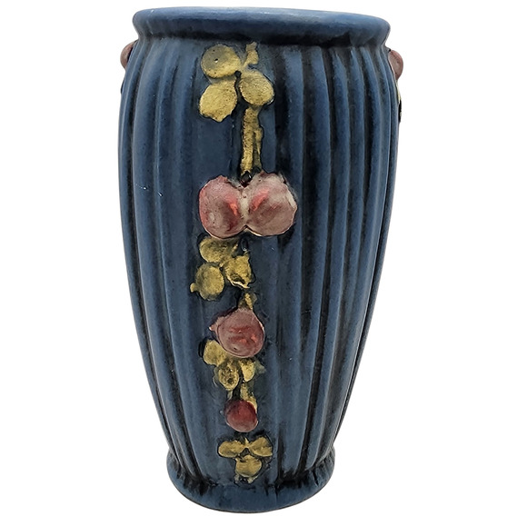 Vintage Weller Pottery Vase Blue Pleated Drapery With Vine Pink Roses 7” VG Cond - Picture 1 of 7